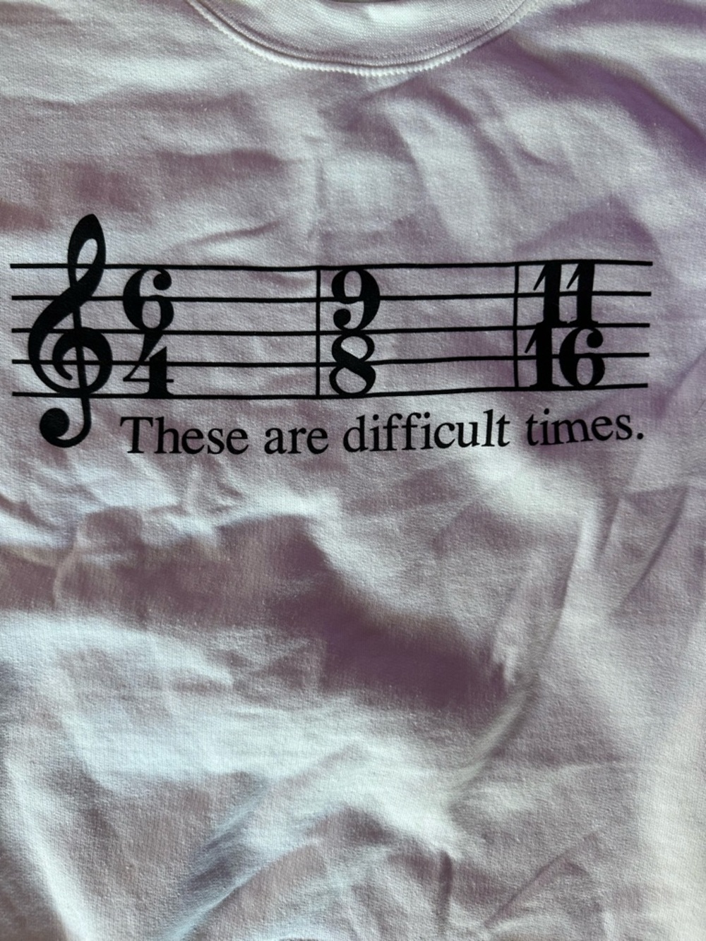 Gildan White Crewneck with Black Music Notation These Are Difficult Times - Picture 2 of 6
